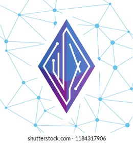 W X Initial letter block chain logo icon vector template. Looping mono line circuit letter on rhombus cube logo
