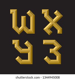 W, X, Y, Z golden faceted font. Isolated artistic unusual font.