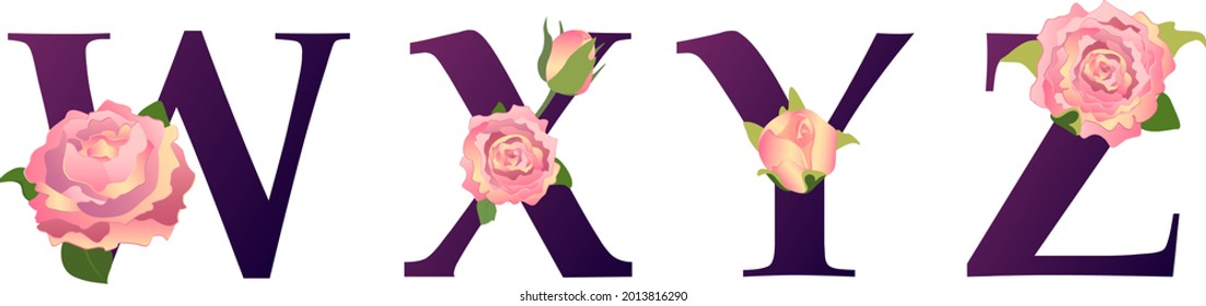 W, X, Y, Z. Letters with flowers. Capital letters with peonies