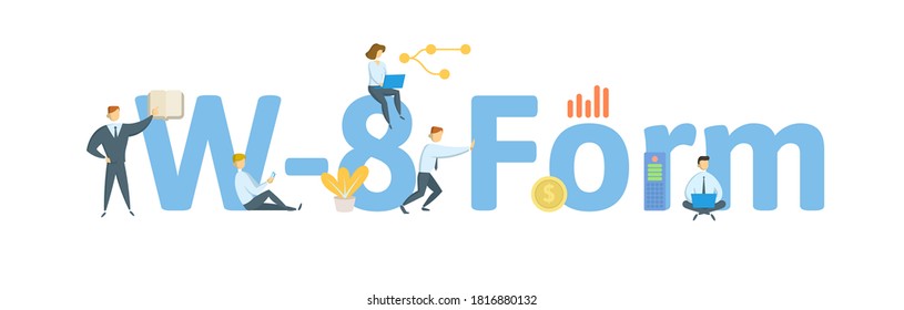 W-8 Form. Concept with keywords, people and icons. Flat vector illustration. Isolated on white background.