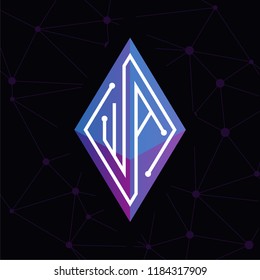WA Initial letter block chain logo icon vector template. Looping mono line circuit letter on rhombus cube logo