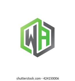 WA initial letters looping linked hexagon logo black gray green