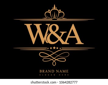 W&A Initial logo, Ampersand initial logo gold with crown and classic pattern