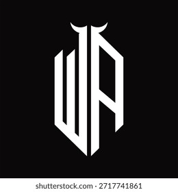 Monograma do logotipo WA com forma de chifre isolado modelo de design preto e branco sobre fundo preto