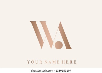 WA logo monogram. Typographic icon with letter w and letter a. Uppercase serif lettering. Alphabet initials sign in rose gold metallic color isolated on light background. Modern, clean, luxury style.