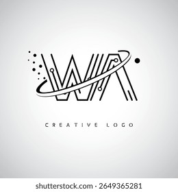 Logotipo Monograma de Órbita WA - Marca de Letra Mínima Futurista com Linha de Arte Circular, Pontos Inspirados na Tecnologia e Conceito de Movimento Espacial para Identidade de Marca Moderna