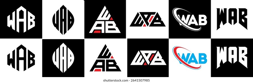 WAB letter logo design in six style. WAB polygon, circle, triangle, hexagon, flat and simple style with black and white color variation letter logo set in one artboard. WAB minimalist and classic logo