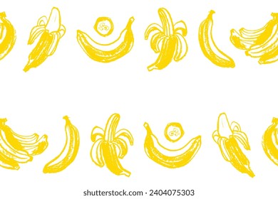 Wabi sabi paper tape bananas, watercolor paper tape with banana vector seamless pattern frame. Tropical border. Hand-drawn crayons fruit backdrop.