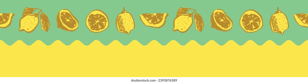 Limones de cinta de papel Wabi sabi, cinta de papel acuarela con marco de patrón sin fisuras del vector de limón. Frontera limón. Dibujos de cítricos de caracoles con un estilo ingenuo dibujado a mano.