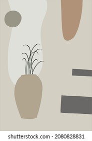 Wabi-sabi poster with simple and organic abstract shapes and flowers in vases. Best colors for wabi-sabi and japandi style. Contemporary vector Illustration