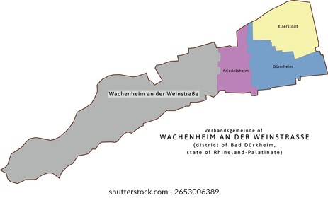 Mapa de Wachenheim an der Weinstraße verbandsgemeinde do distrito de Bad Dürkheim, Renânia-Palatinado (Renânia-Palatinado), Alemanha. Vetorizado. Cores retroativas