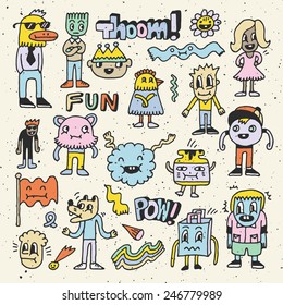 Wacky crazy colorful doodles set 2. Vector illustration. Hand drawn.