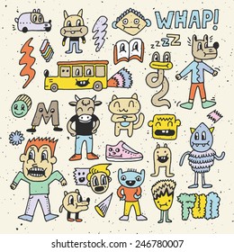 Wacky crazy colorful doodles set 3. Vector illustration. Hand drawn.