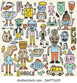 Wacky crazy colorful doodles set 5. Vector illustration. Hand drawn.