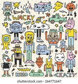 Wacky crazy colorful doodles set 4. Vector illustration. Hand drawn.