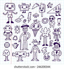 Wacky crazy doodles set 1. Vector illustration. Hand drawn. School notebook.