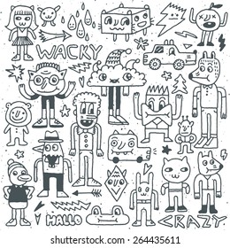 Wacky crazy doodles set 4. Vector illustration. Hand drawn.