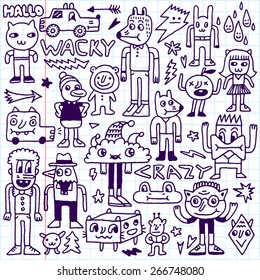 Wacky crazy doodles set 4. Vector illustration. Hand drawn. School notebook.