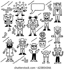 Wacky and Funny Doodle Characters 1. Outline Vector Illustrations.