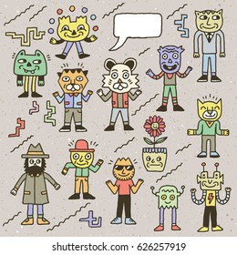 Wacky and Funny Doodle Characters 1. Outline Vector Color Illustrations.