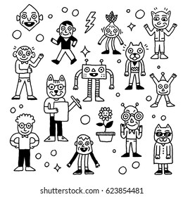 Wacky and Funny Doodle Characters 4. Outline Vector Illustrations.