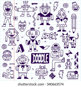 Wacky Funny Fantastic Doodle Characters Set 1. Vector Hand Drawn Illustration. School Notebook.