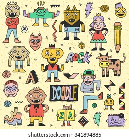 Wacky Funny Fantastic Doodle Characters Set 1. Vector Hand Drawn Color Illustration.