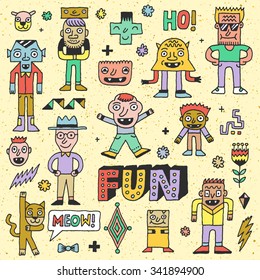 Wacky Funny Fantastic Doodle Characters Set 2. Vector Hand Drawn Color Illustration.