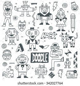 Wacky Funny Fantastic Doodle Characters Set 1. Vector Hand Drawn Illustration.  