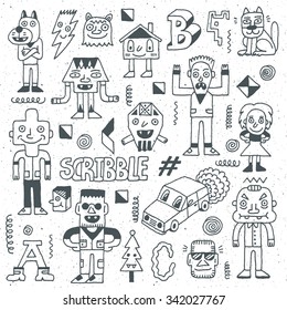 Wacky Funny Fantastic Doodle Characters Set 3. Vector Hand Drawn Illustration. 