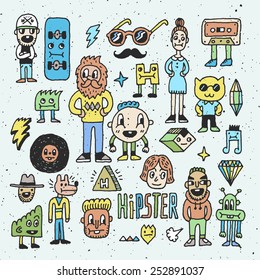 Wacky hipsters doodle set 1. Colorful vector hand drawn illustrations.