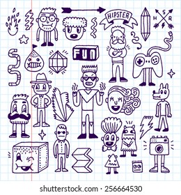Wacky hipsters doodle set 2. Vector hand drawn illustrations. School notebook.