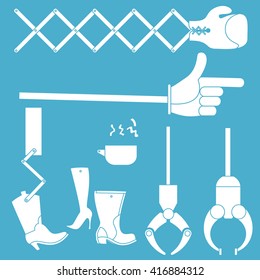 Wacky machine parts. An extending boxing glove, an extending pointing finger, grappling claws, a cowboy boot kicker mechanism.