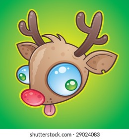 Wacky Rudolph The Red Nosed Reindeer face with bulging eyes sticking out his tongue. drawn in a humorous cartoon style.