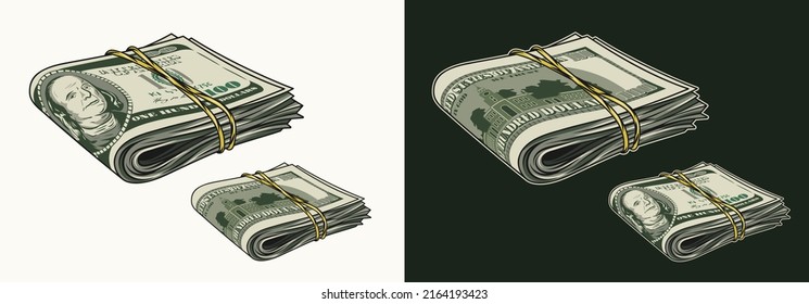 Wad of 100 dollar bills folded in half and tied with a rubber band. Banknotes with front and reverse side. Cash money. Vintage style. Detailed isolated vector illustration on dark and white background