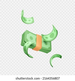 Wad of cash and falling green paper dollars. Falling money template in realistic cartoon style. Business profit or casino jackpot win. Vector illustration 