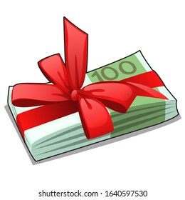 A wad of green money tied with a red bow isolated on a white background. Vector cartoon close-up illustration
