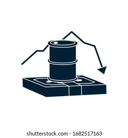wad of money and oil barrel with decrease financial arrow icon over white background, silhouette style, vector illustration