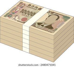 A wad of new 10,000 yen bills worth 6 million yen isolated on white background [Translation : ¥10000]
