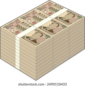 A wad of new 10,000 yen bills worth 30 million yen isolated on white background [Translation : Ten thousand yen]