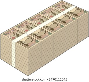 A wad of new 10,000 yen bills worth 50 million yen isolated on white background [Translation : Ten thousand yen]