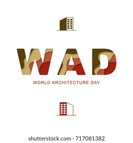 wad (world architecture day) text with paper cut layers 3d effect on a white background