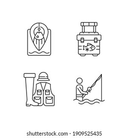 Wade fishing linear icons set. Fishing spot. Portative cooler. Spinninga casting. Fisher in water. Customizable thin line contour symbols. Isolated vector outline illustrations. Editable stroke