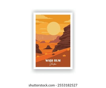 Wadi Rum, Jordania Antiguas Travel Posters. Ilustración vectorial. Impresiones de alta calidad