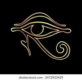 Wadjet, ancient Egyptian symbol of protection, royal power, good health. Eye of Horus. All seeing eye sign. Hand-drawn vintage vector outline illustration in gold over black. Egyptian sacred wall art