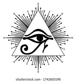 Wadjet in pyramid, ancient Egyptian symbol of protection, royal power, good health. Eye of Horus. All seeing eye sign. Alchemy, religion, spirituality, occultism, tattoo. Isolated vector illustration.