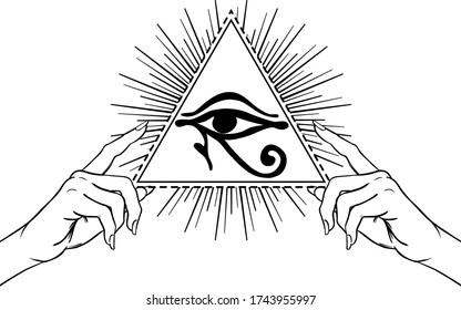 Wadjet in pyramid, ancient Egyptian symbol of protection, royal power, good health. Eye of Horus with human hands. All seeing eye sign. Alchemy, spiritual, tattoo. Isolated vector illustration.