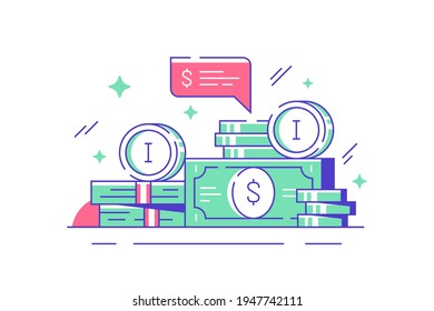 Wads Of Cash Banknotes Vector Illustration. Stack Of Green Money On Table Flat Style. Finance Economy And Saving Up Concept. Isolated On White Background