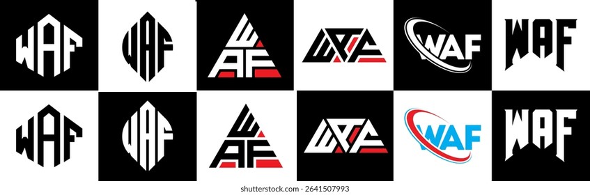 WAF letter logo design in six style. WAF polygon, circle, triangle, hexagon, flat and simple style with black and white color variation letter logo set in one artboard. WAF minimalist and classic logo