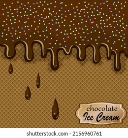 Fondo de wafer con goteo de chocolate.Ilustración vectorial con fondo de gofre y goteo de helado de chocolate con decoración.